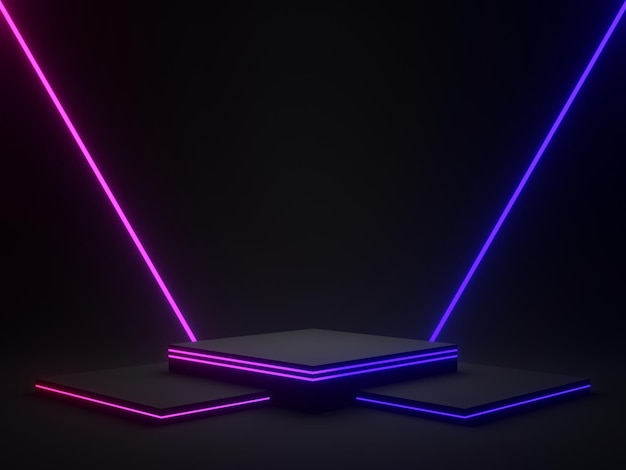 3D rendered Black geometric with gradient neon lights. Dark background.