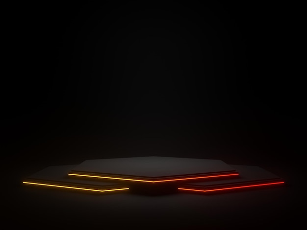 Rendering 3d geometrico nero con luci al neon sfumate. sfondo scuro.