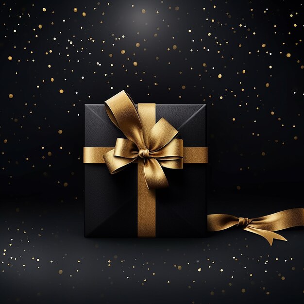 3d rendered black gift box banner with golden ribbon on black background