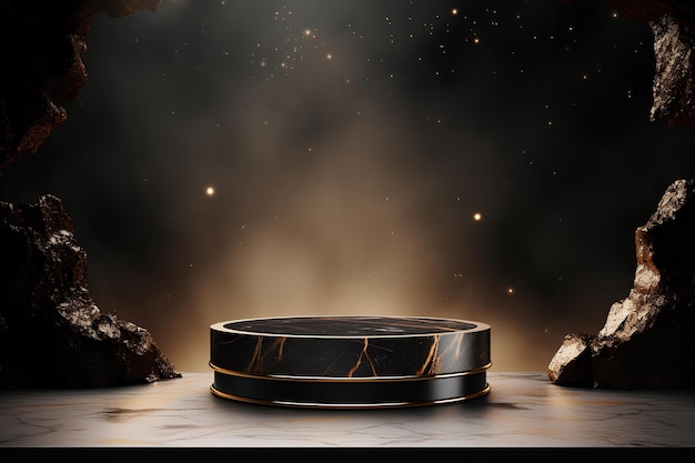 3d rendered black and gold circular podium with spotlights