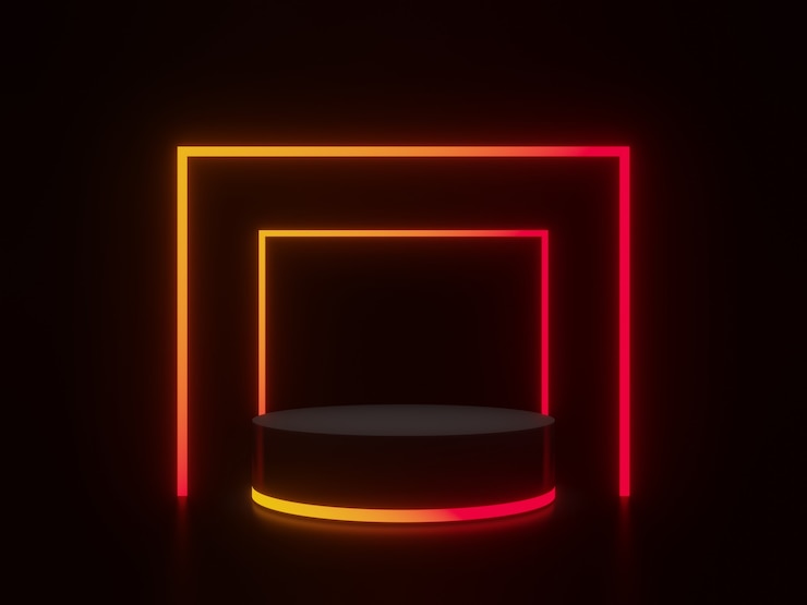 Photo 3d rendered black product stand with gradient lights.