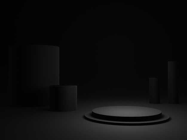 3D rendered black rounded podium. Dark background.