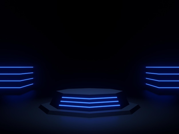 3D rendered black scientific podium with blue neon lights