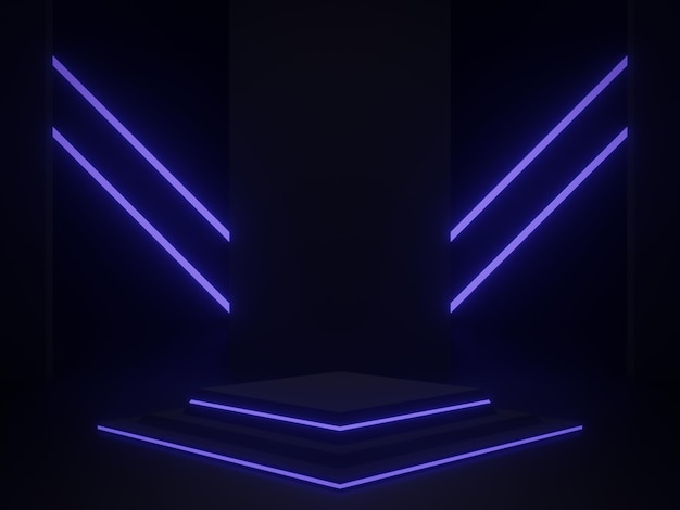 3D rendered black scientific stage with neon lights Geometric podium SciFi stand