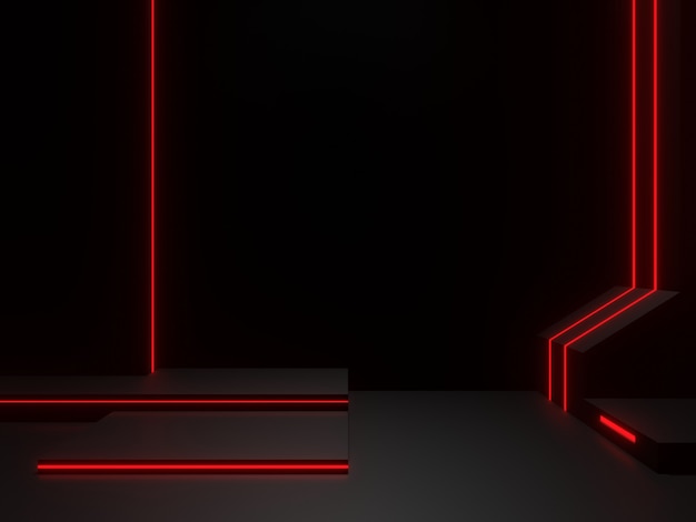 3D rendered black scientific stage with red neon lights