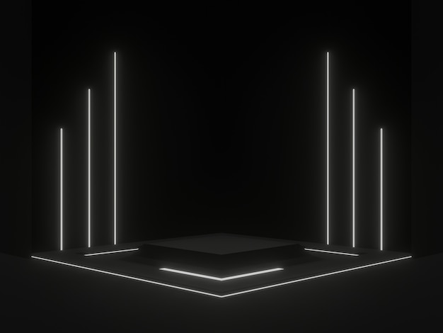 3D rendered black scientific stand with white neon lights