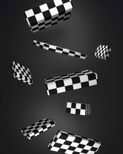 3d rendered black and white checkered bricks in the air.