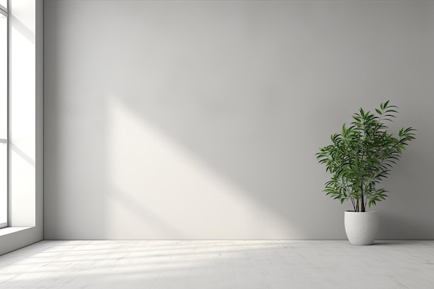 3D Rendered Blank Space White Plaster Wall with Shadows and Floor Adorned with Plants