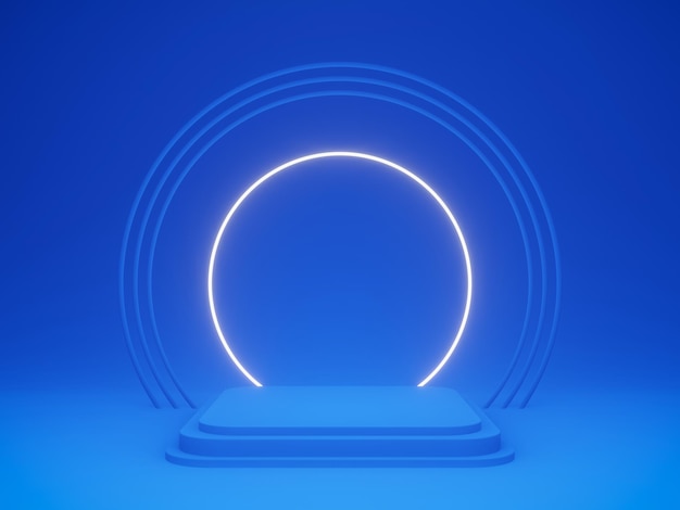 3D rendered blue podium with white neon light