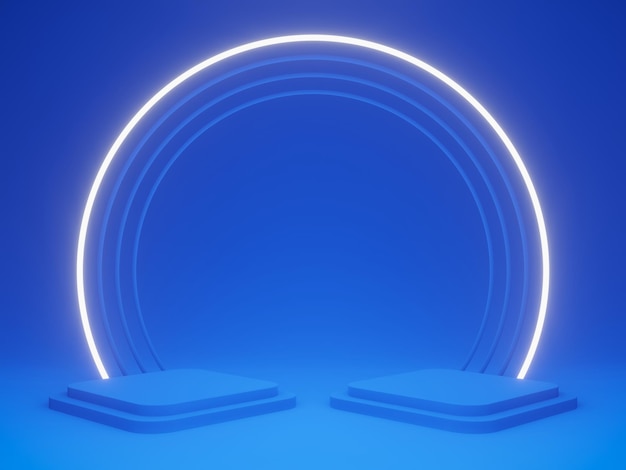 3D rendered blue podium with white neon light