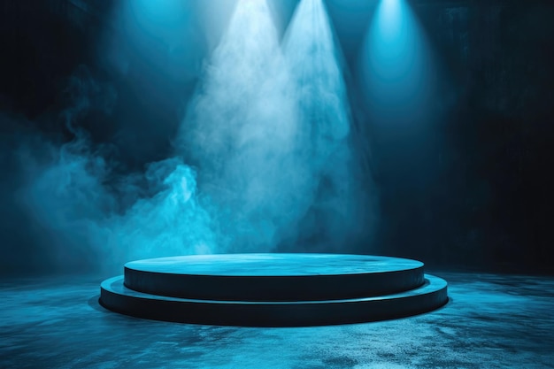 3D Rendered Blue Spotlight Podium in SmokeFilled Studio