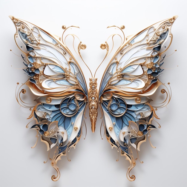 3d rendered blue White and gold butterfly on a white background in the style of metallic surfaces