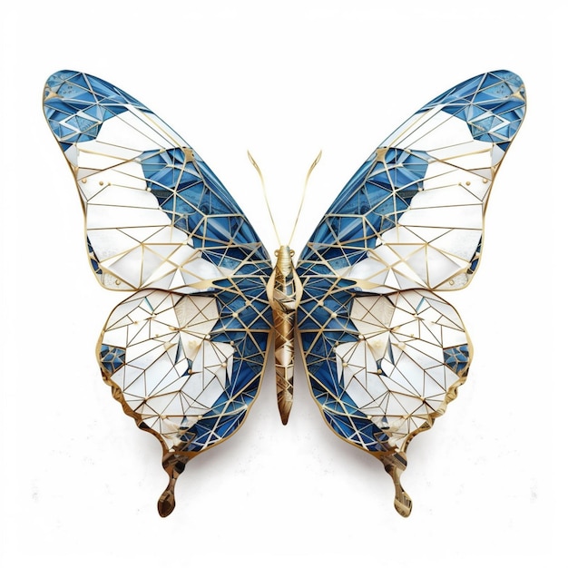 3d rendered blue White and gold butterfly on a white background in the style of metallic surfaces