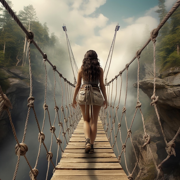 3D rendered Boho girl walking at a suspension bridge over a beautiful rear angle