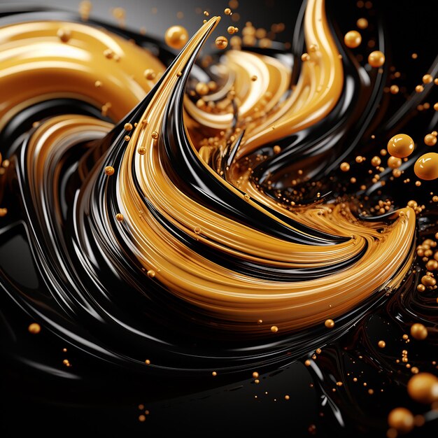 3D rendered Bright gold and black fluid fusion