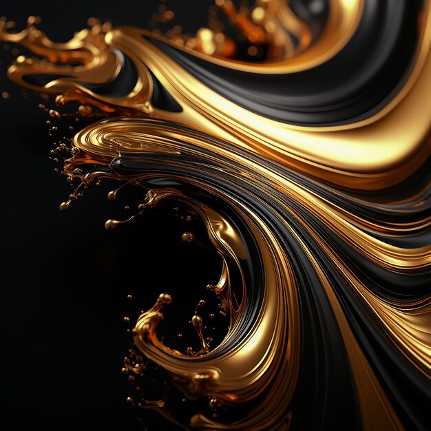3D 렌더링 밝은 금과 검은 액체 융합