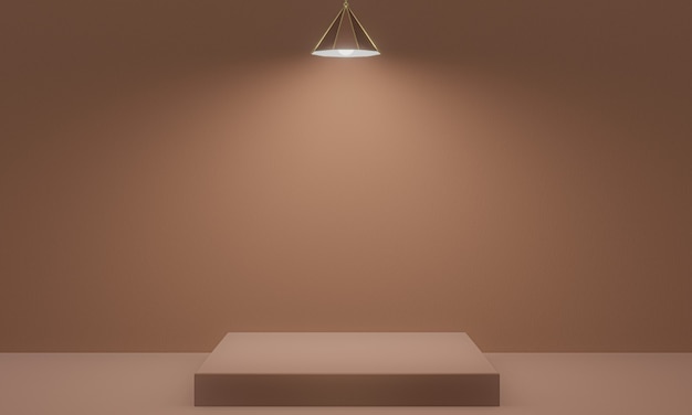 3Dレンダリングされた茶色の表彰台と天井ランプ