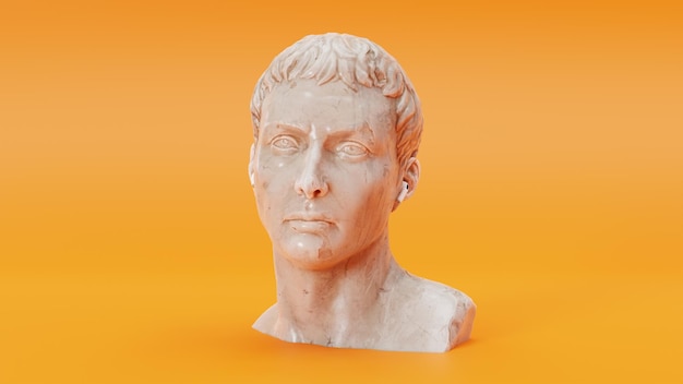 3d rendered bust of Julius Caesar wearing airpods on Orange background