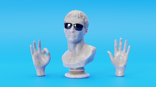 Photo 3d rendered bust of julius caesar wearing sunglasses and hands on blue background