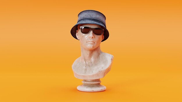 3d rendered bust of julius caesar wearing sunglasses and panama hat on orange background