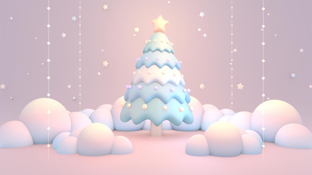 사진 3d 렌더링 된 만화 크리스마스 트리 스트링 라이트 별과 구름