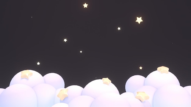 3d rendered cartoon clouds and stars in the dark sky