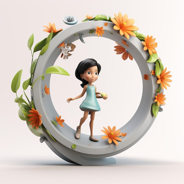 Foto rendering 3d di una ragazza dei cartoni animati in piedi in un cerchio fiorito