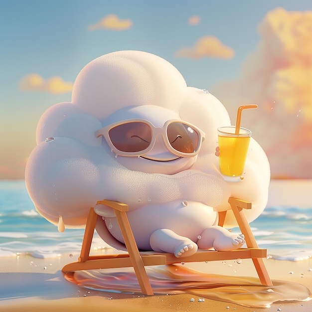 Photo 3d rendered cartoon illustration anthropomorphic chubby cloud with sunglasses