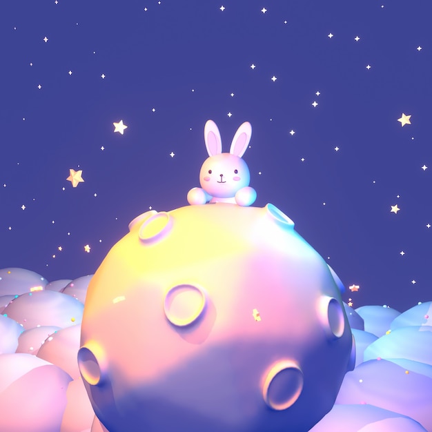 3d rendered cartoon little bunny on the moon