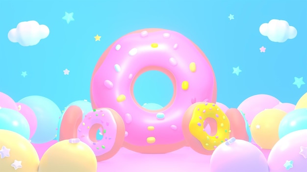 작은 도넛으로 둘러싸인 3d 렌더링 된 만화 핑크 자이언트 도넛