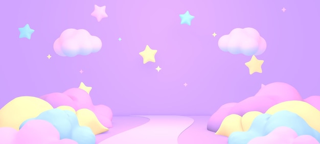 다채로운 구름과 별이 있는 3d 렌더링된 만화 보라색 꿈꾸는 땅