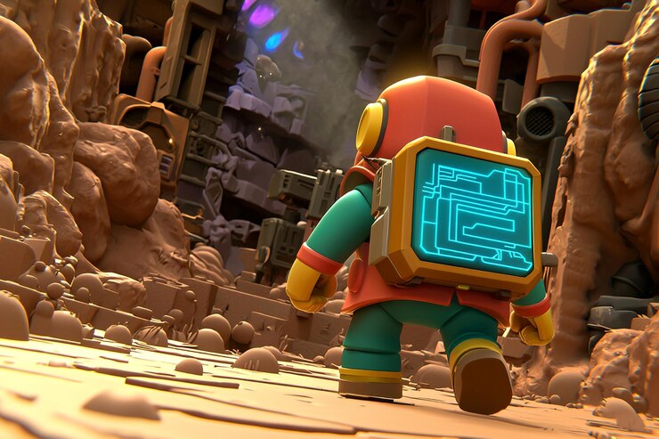 Photo 3d rendered cartoon robot character in a futuristic landscape