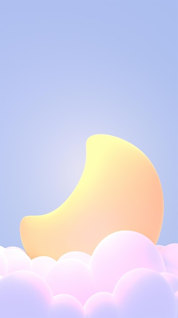 부드러운 파스텔 구름에 3d 렌더링된 만화 노란색 초승달.