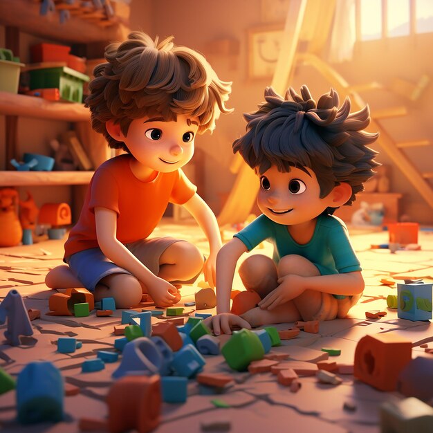 Foto bambini di cartoni animati in 3d che giocano