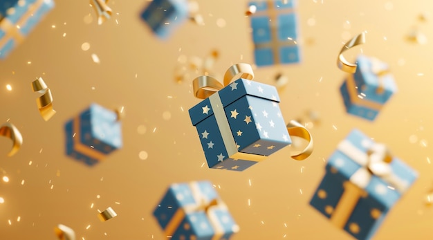 3D rendered celebrate blue gift boxes flying in the air on a light yellow background