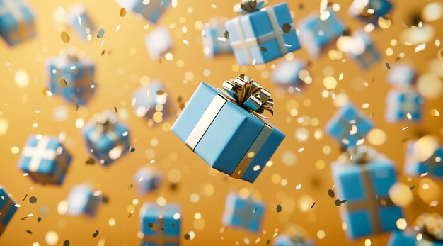 3D-рендеринг празднует голубые подарочные коробки, летящие в воздухе на светло-желтом фоне