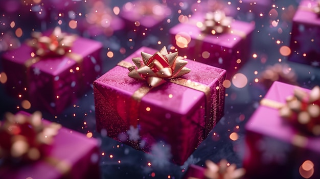 3D rendered Celebrate Festive Purple and Gold Big Gift Boxes Floating in the Air