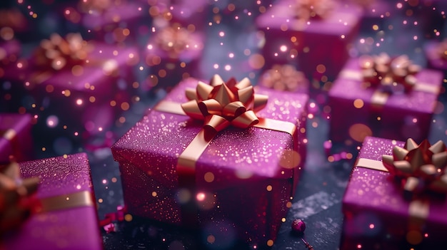 3D rendered Celebrate Festive Purple and Gold Big Gift Boxes Floating in the Air