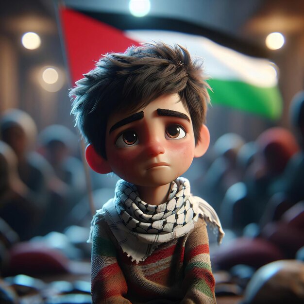 Foto personaggio renderizzato in 3d kid indossa un copricapo con la bandiera palestinese animazione in stile pixar consistenza realistica