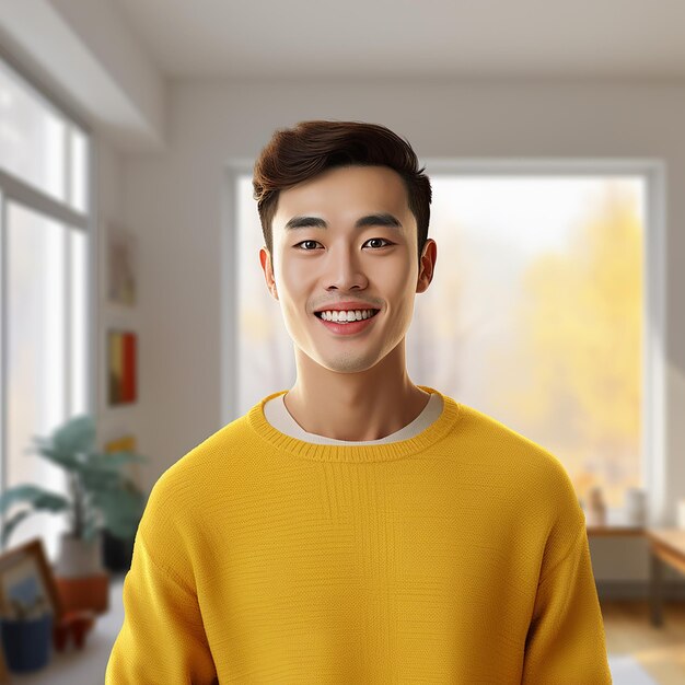 3D rendered A Chinese young man wearing a yellow sweater A warm indoor environment a white wall