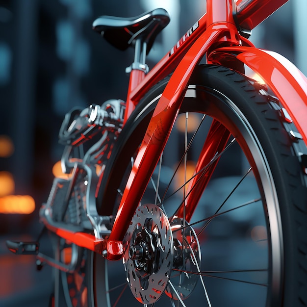 Крупный план велосипеда с красным тормозом и углеродным рулем