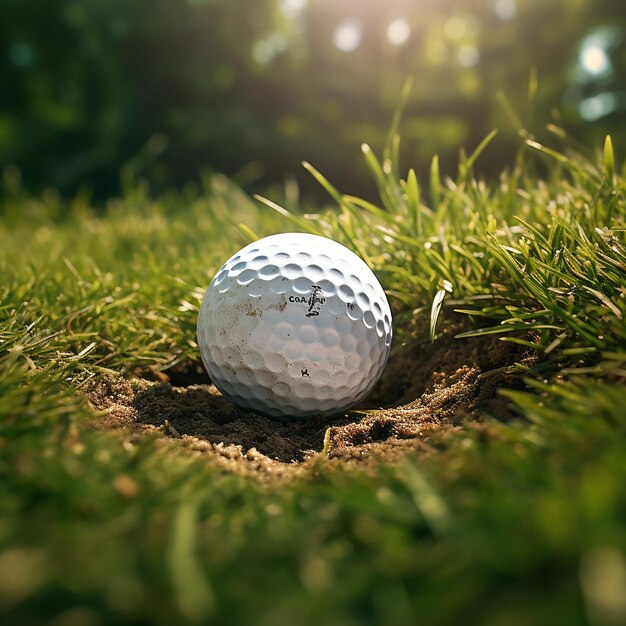 Photo 3d rendered close up realistic image of a golf ball on grassy ground near to cup