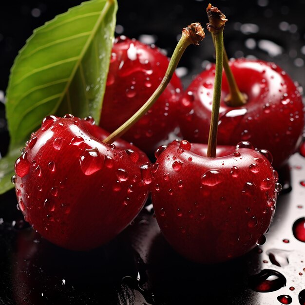 3d rendered closeup picture of fresh red cherries with water drops fruit illustration