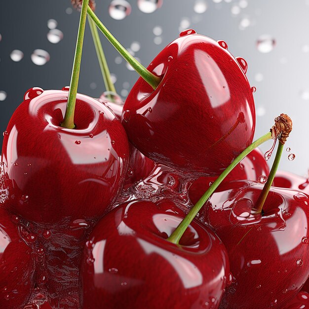 3d rendered closeup picture of fresh red cherries with water drops fruit illustration