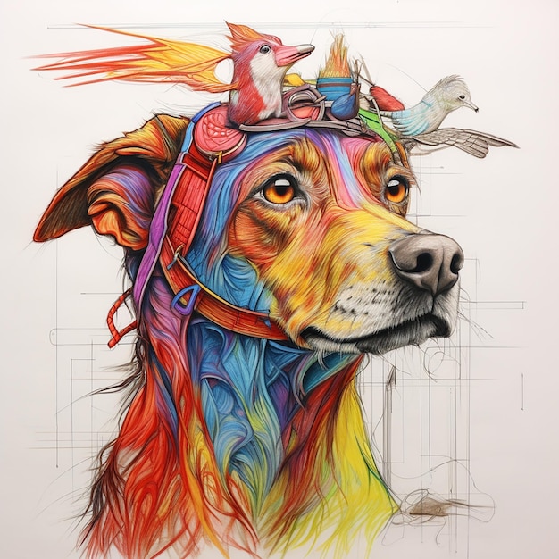 Foto disegno a matita colorata 3d di un cane con un uccello sulla testa disegno a dettaglio a linea ultra