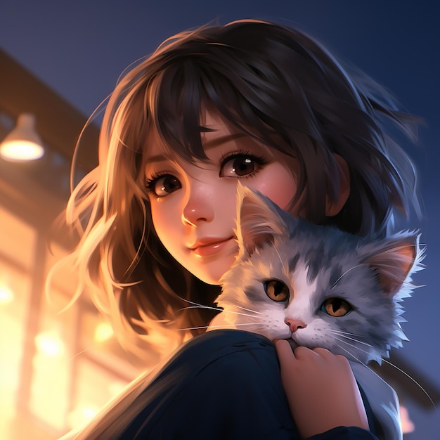 Photo 3d rendered cute anime girl holding her cat in her arms