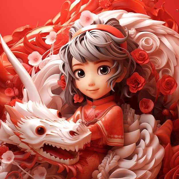 3D rendered a cute anime girl with a red Japanese dragon amazing bond