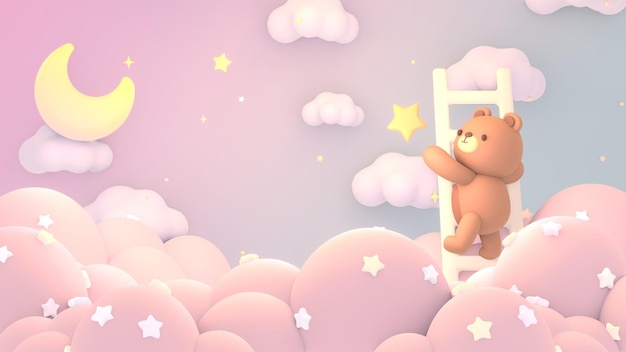 3 d レンダリングされたかわいいクマが星に手を伸ばす