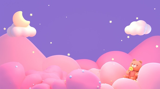 3d rendered cute bear with a lollipop on pink clouds.