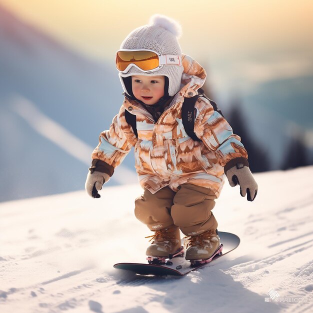 3D rendered cute child wearing full costume snowboarding down the slope